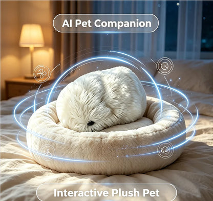 A fluffy white stuffed animal pet bed sits on a bed in a softly lit bedroom. Blue glowing circular graphics and text overlays read 'AI Pet Companion' and 'Interactive Plush Pet'.