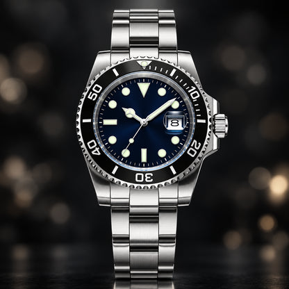 Silver watch with a blue dial on a white background, featuring the ADDIESDIVE brand.