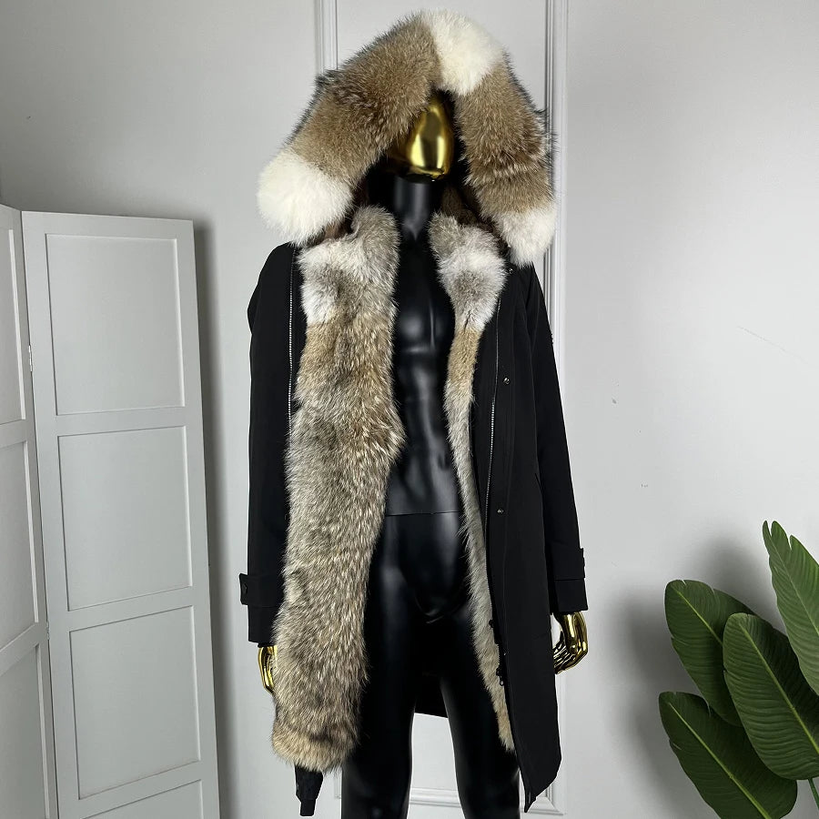 Long Natural Coyote Fur Parka With Hood Real Muskrat Fur Jacket Winter Warm Wolf Fur Coats Best Selling Genuine Fur Coat Man