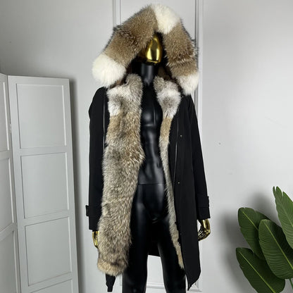 Long Natural Coyote Fur Parka With Hood Real Muskrat Fur Jacket Winter Warm Wolf Fur Coats Best Selling Genuine Fur Coat Man