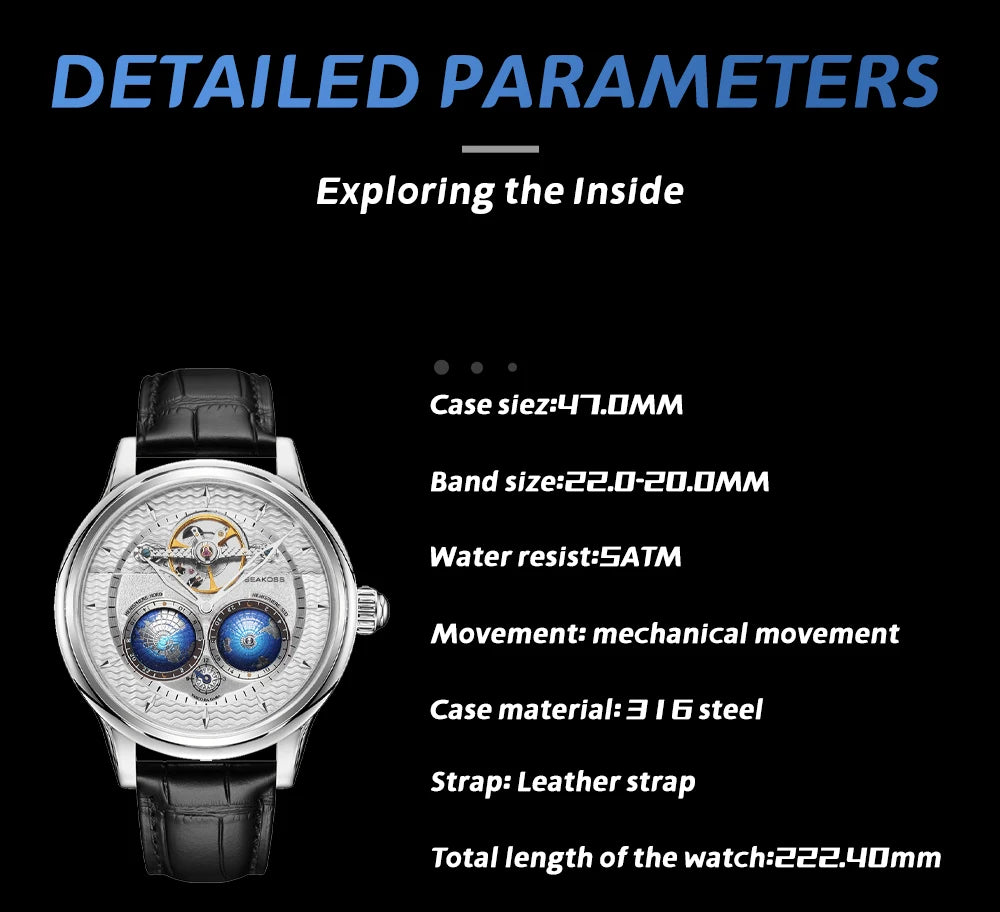 Watch with detailed specifications on a black background