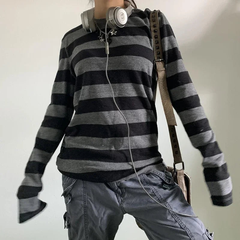 Vexaroa Fairy Grunge Long Sleeve Baggy Striped Tee Shirt