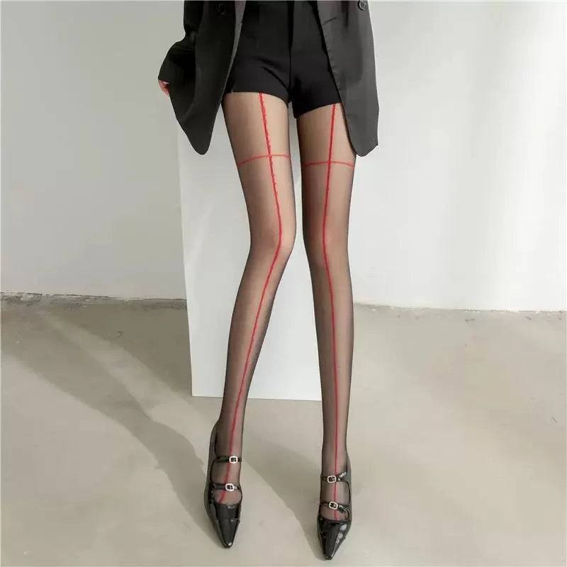 Women Black Line Pattern Stockings Slim Ultra-thin Anti Hook Pantyhose Skinny Looking Sexy Sunscreen Transparent Female Tights