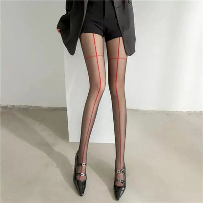 Women Black Line Pattern Stockings Slim Ultra-thin Anti Hook Pantyhose Skinny Looking Sexy Sunscreen Transparent Female Tights