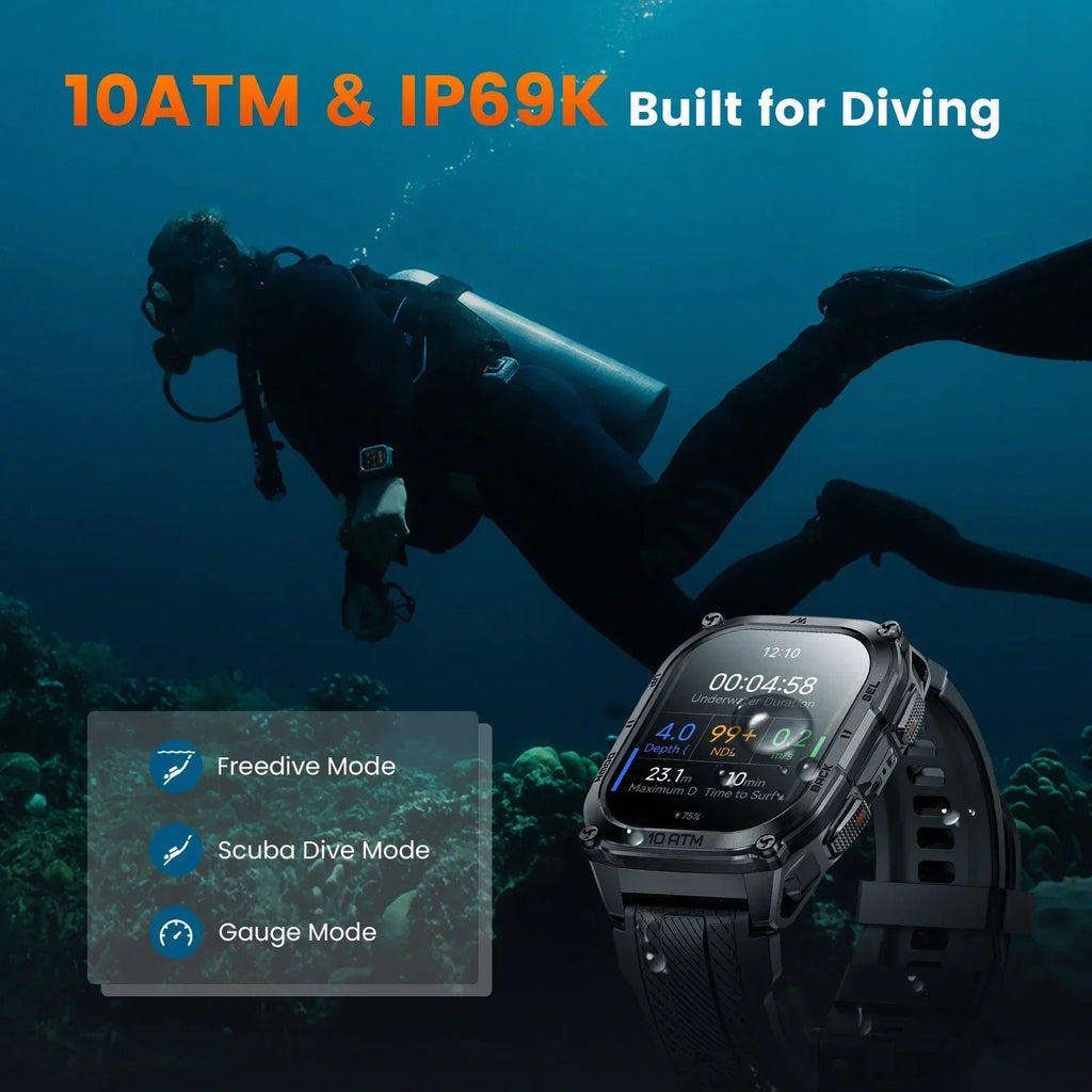 Diver underwater with a smartwatch displaying diving modes, emphasizing water resistance and diving features.
