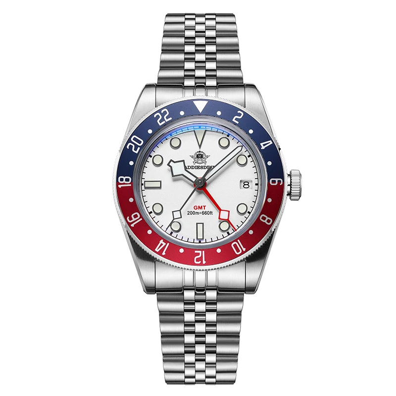 Watch with a silver bracelet and red and blue bezel on a white background