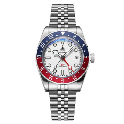 Watch with a silver bracelet and red and blue bezel on a white background