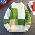 Vexaroa Men's Plaid Knit Sweater – Casual Loose Warm Patchwork Pullover