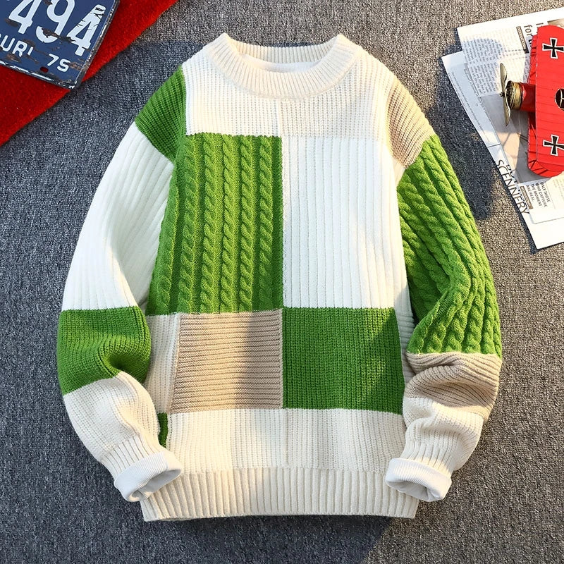 Vexaroa Men's Plaid Knit Sweater – Casual Loose Warm Patchwork Pullover