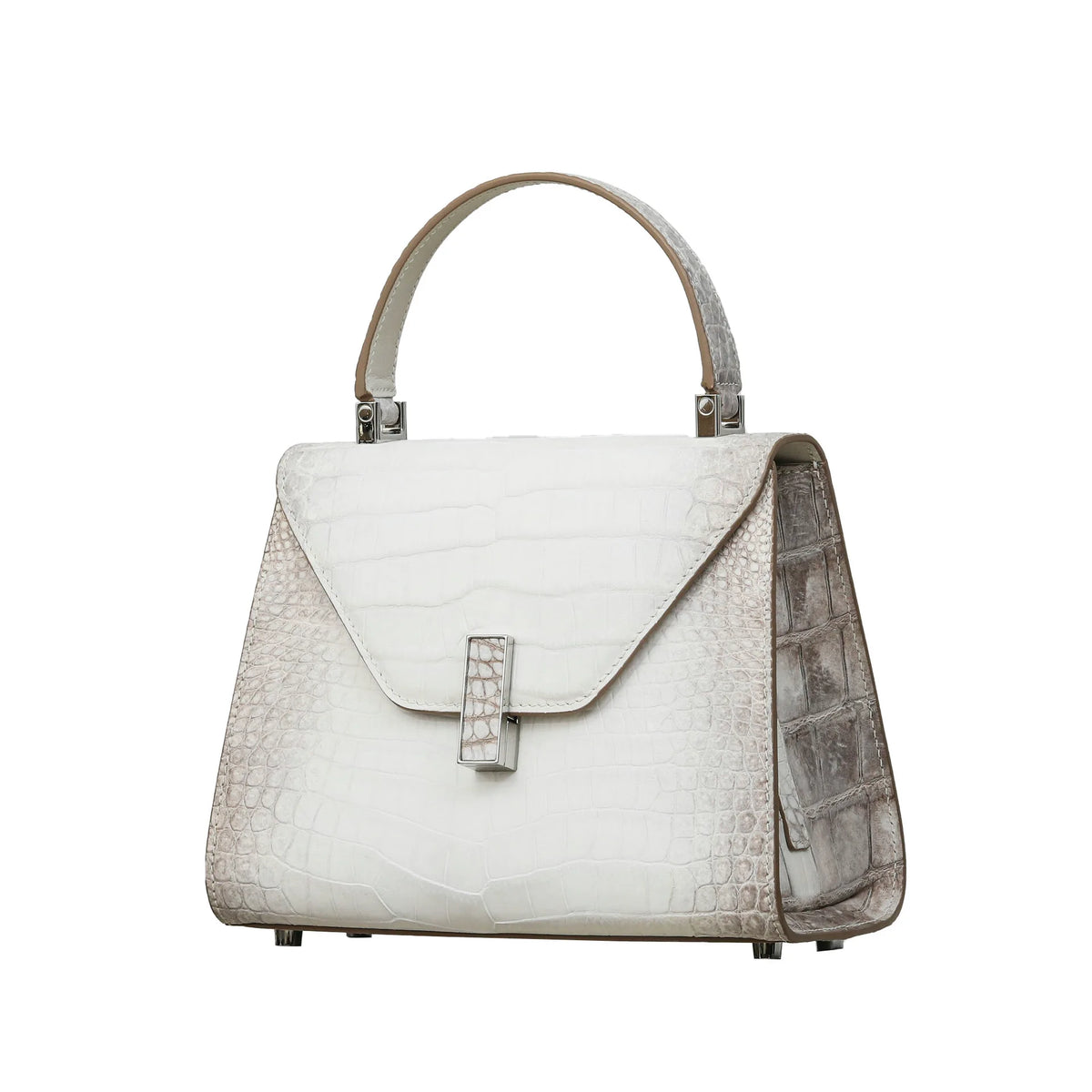 A structured handbag with a top handle, featuring a cream-colored crocodile-embossed front flap and light gray textured sides and handle, shown against a plain white background.