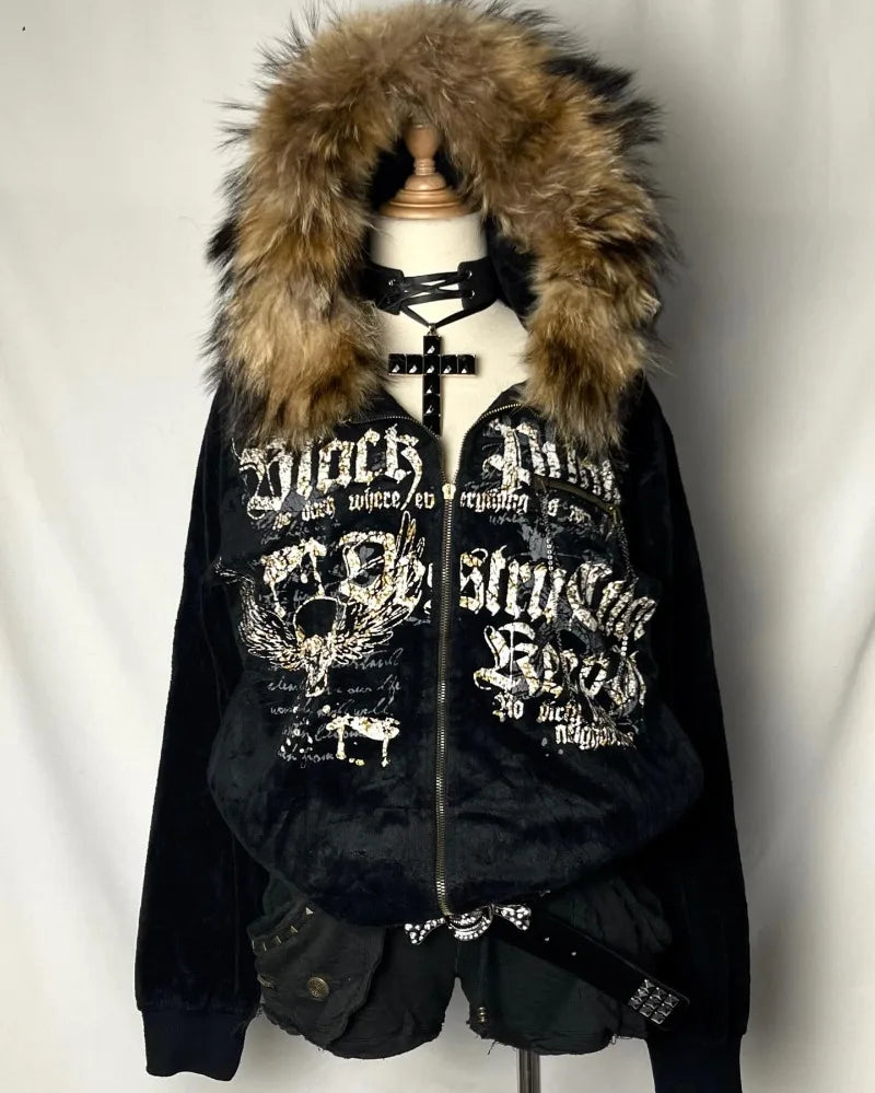 Vintage Popular Dark Rock Hip Hop Print Sports Sweater Women Y2K Streetwear Casual Joker Plus Velvet Padded Fur Collar Hoodies