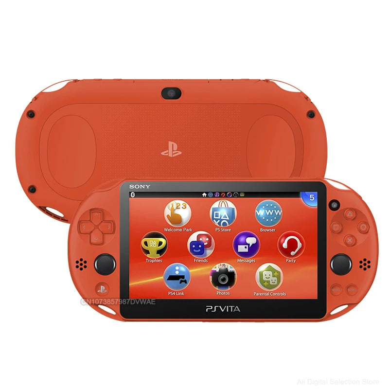 Orange gaming console with screen displaying app icons on a white background