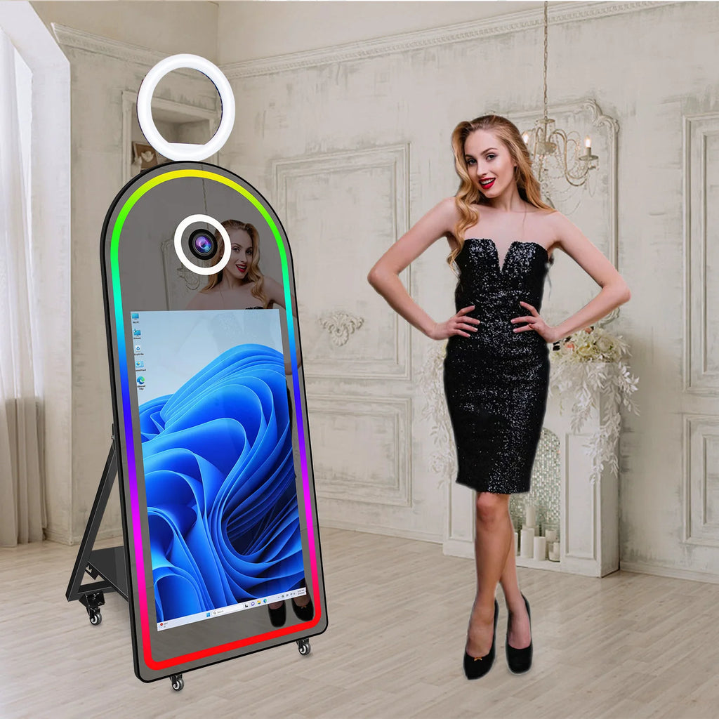 65"Magic Mirror Photo Booth with 43inch Touch Screen and Fill Light Perfect for Event Parties and Wedding Rentals.