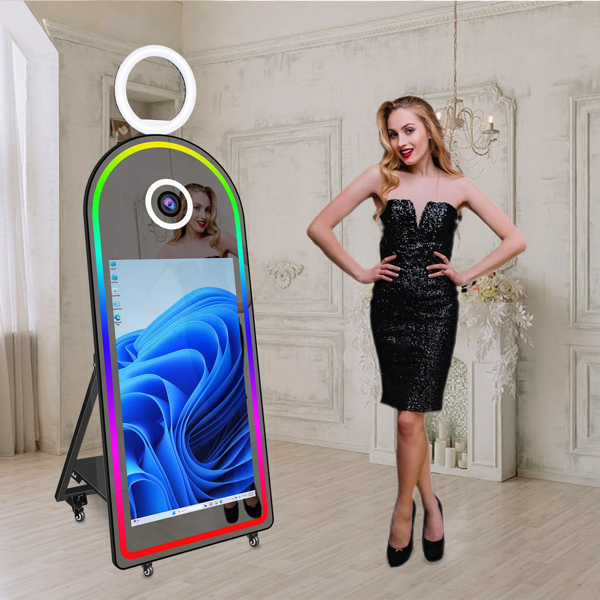 65"Magic Mirror Photo Booth with 43inch Touch Screen and Fill Light Perfect for Event Parties and Wedding Rentals.