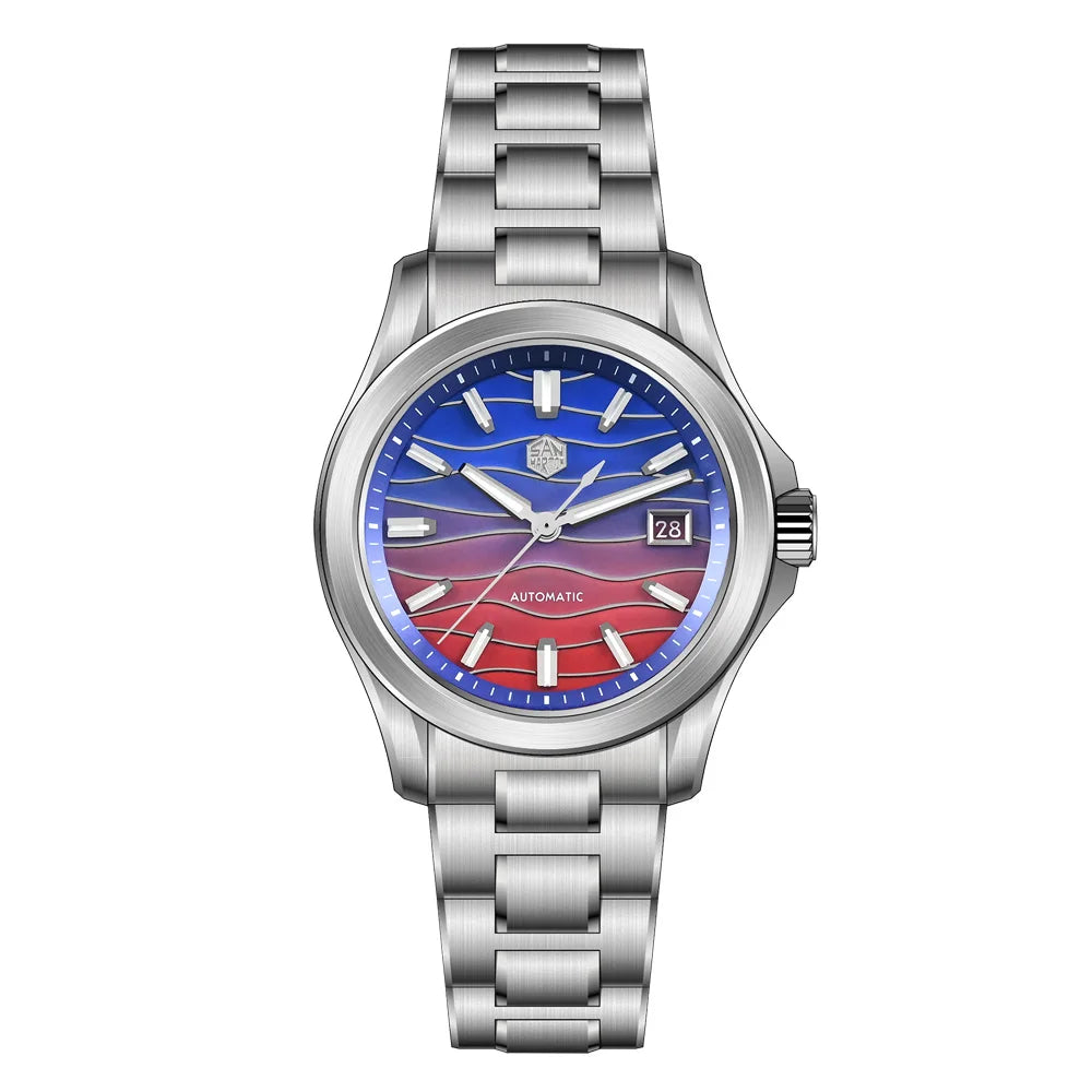 Silver watch with a blue and red face on a white background