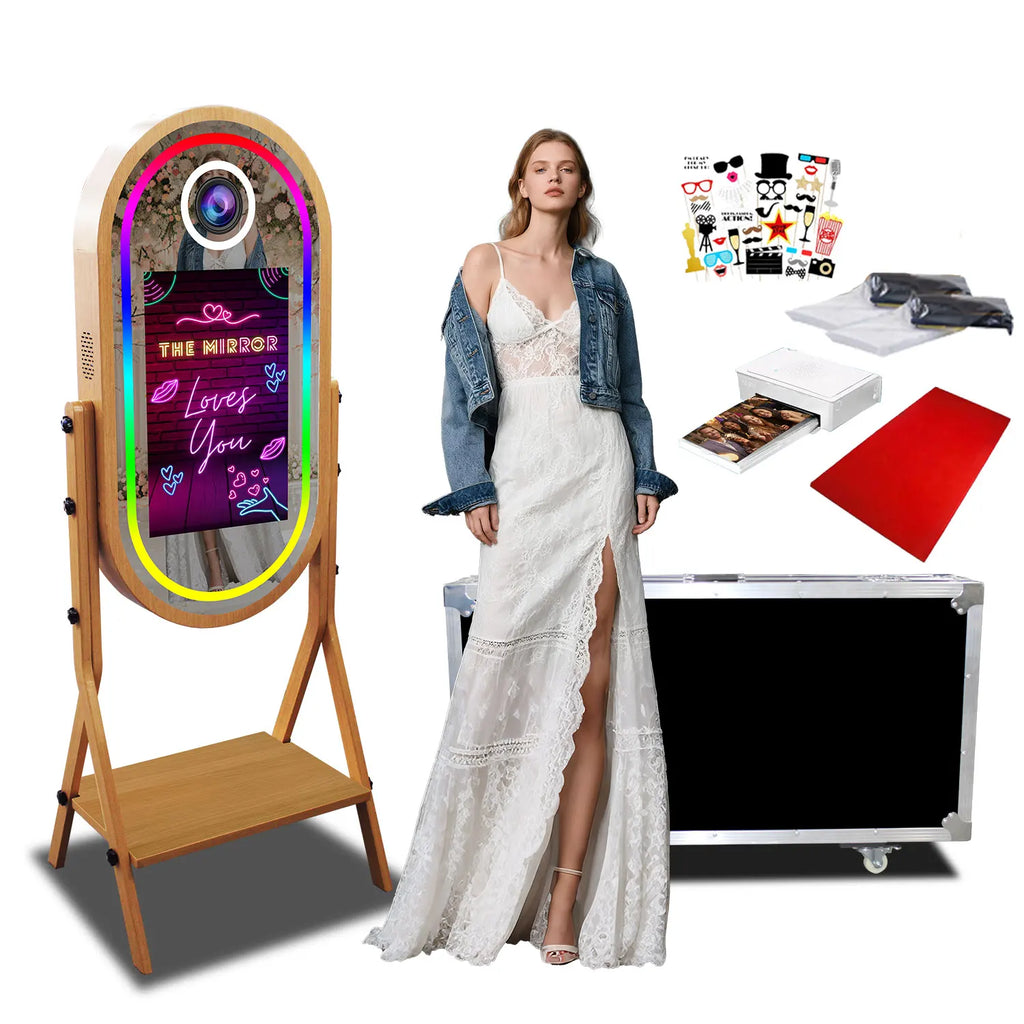 Magic Mirror Photobooth with Imitate Wood Grain Selfie, 21.5 Inch Touch Screen, Selfie DSLR Photo Booth Machine for Sharing