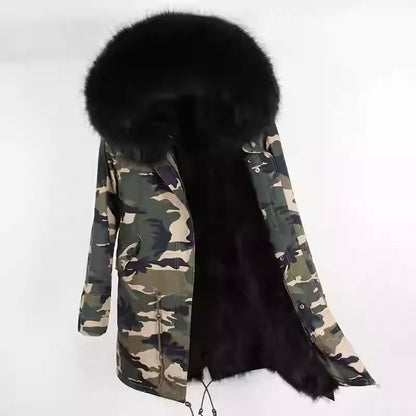 Vexaroa Women's Real Natural Fur Coat Long Hooded Parka with Fur Liner Winter Jacket