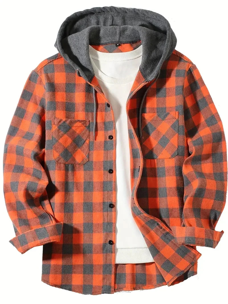 Vexaroa Men's Slim Hooded Plaid Shirt Jacket Casual Sport