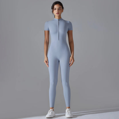Naked zipper short sleeved yoga suit jumpsuit, quick drying breathable outdoor sports tight fitting jumpsuit, fitness suit