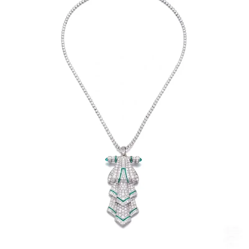 Vexaroa 14K Gold Lab Diamond Round & Emerald Brooch Necklace