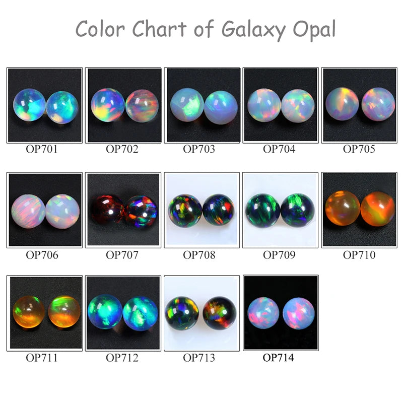 A color chart grid showing 14 different galaxy opal round cabochon gemstones, labeled OP701 through OP714, each displayed on a black background with its corresponding number underneath. The title 'Color Chart of Galaxy Opal' is written at the top.