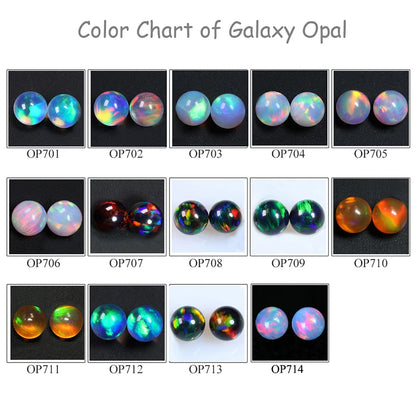 A color chart grid showing 14 different galaxy opal round cabochon gemstones, labeled OP701 through OP714, each displayed on a black background with its corresponding number underneath. The title 'Color Chart of Galaxy Opal' is written at the top.