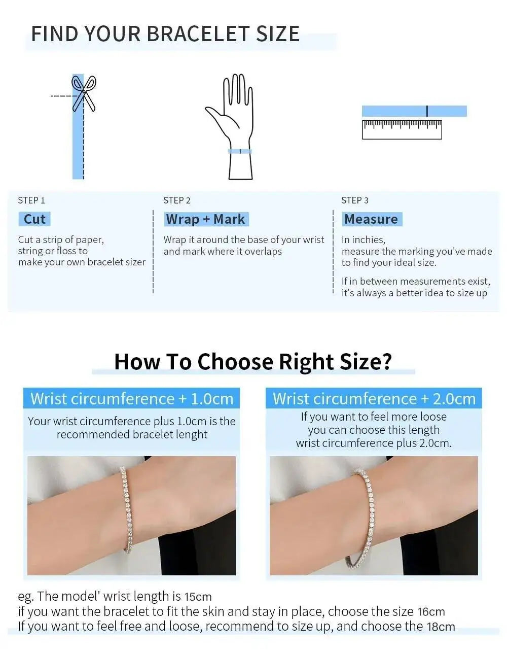 Instructions for finding bracelet size with illustrations and measurements.