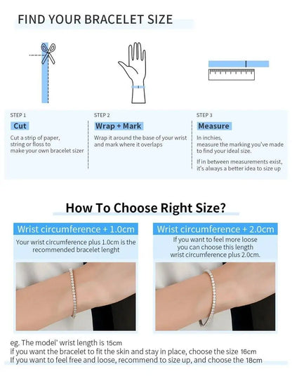 Instructions for finding bracelet size with illustrations and measurements.