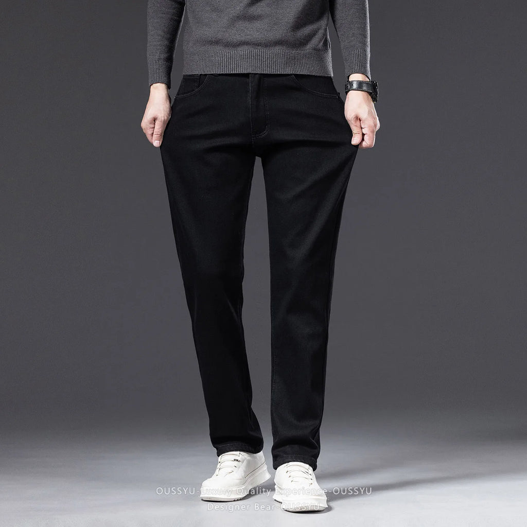 2027 Winter Warm Fleece Men's Jeans Gray Black Cotton Slim Elastic Business Denim Pants Thicked Trousers Male Skinny Streetwear
