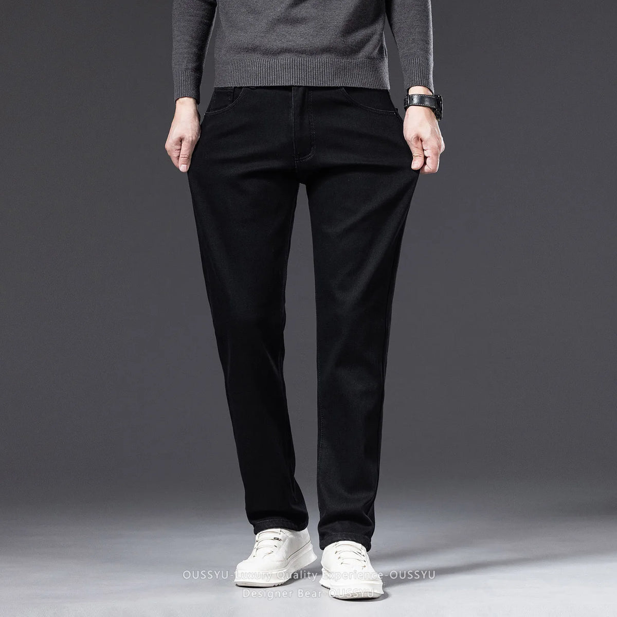 2027 Winter Warm Fleece Men's Jeans Gray Black Cotton Slim Elastic Business Denim Pants Thicked Trousers Male Skinny Streetwear