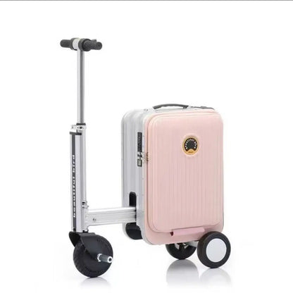 Pink suitcase with a rolling stand on a white background