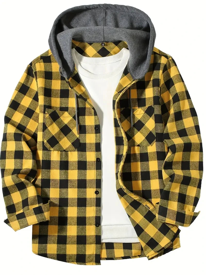 Vexaroa Men's Slim Hooded Plaid Shirt Jacket Casual Sport