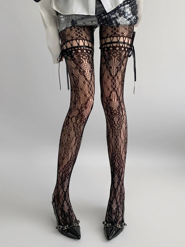 Tie Fishnet Suspender Socks for Women Sexy Slim Nylon Mesh Thigh High Stockings White Tights Pantyhose