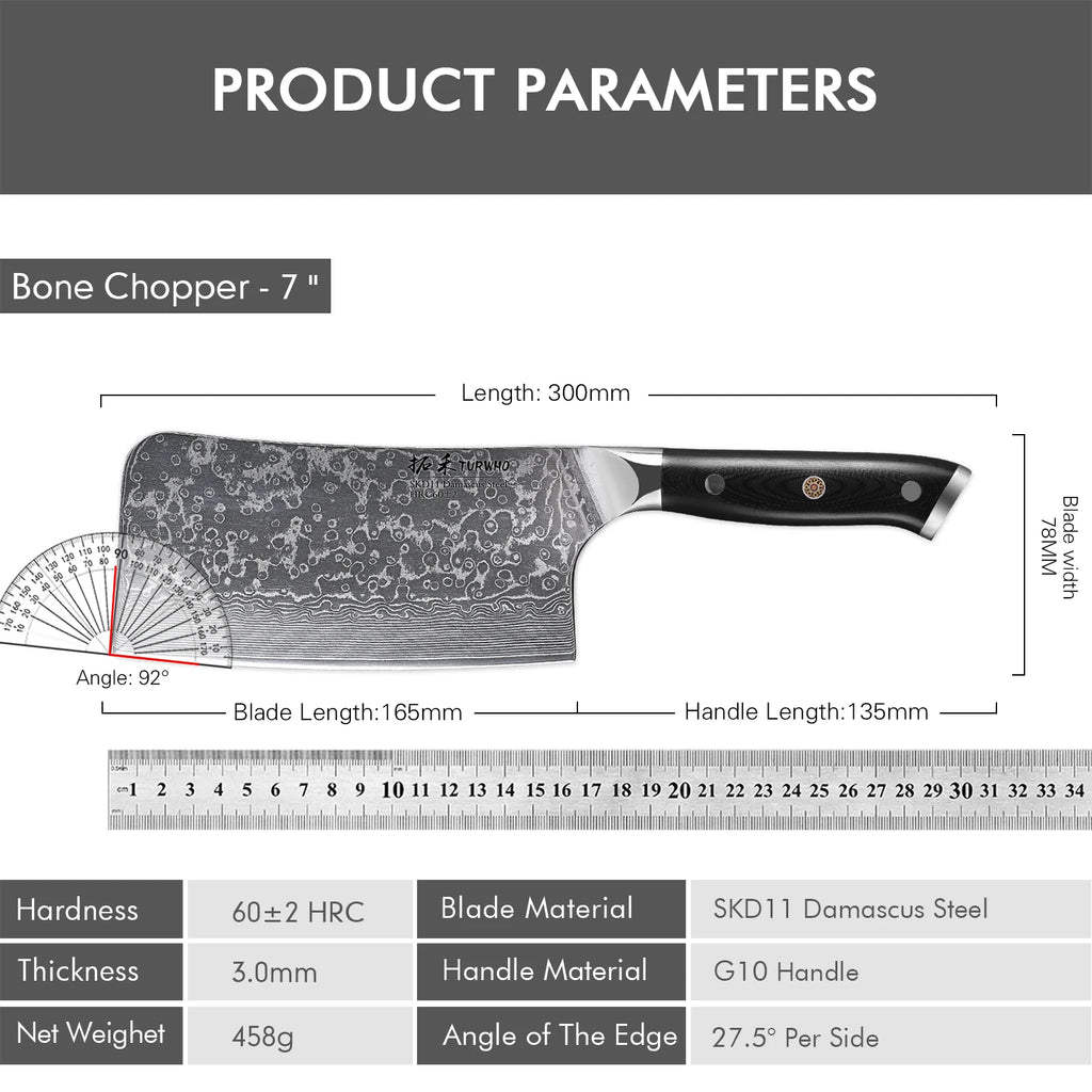 TURWHO 7" Bone Chopper Knife 67 Layers Japanese SKD11 Damascus Steel Sharp Kitchen Cleaver Boning Cutting Meat Knife G10 Handle