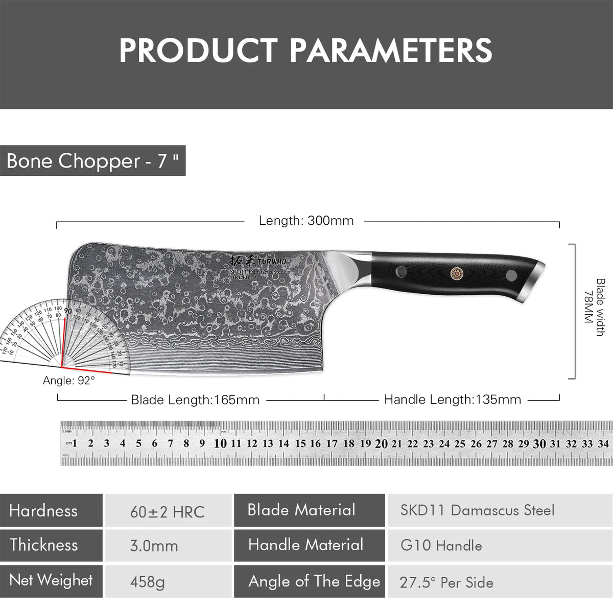 TURWHO 7" Bone Chopper Knife 67 Layers Japanese SKD11 Damascus Steel Sharp Kitchen Cleaver Boning Cutting Meat Knife G10 Handle