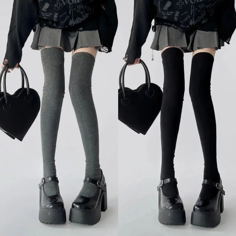 1pair Women Cotton Over Knee High Socks 80cm Lengthened High Over Knee Stockings Black White Soild Color Long Warm Knee Socks