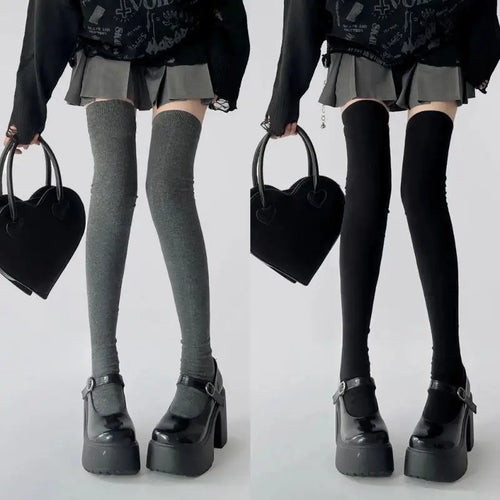 1pair Women Cotton Over Knee High Socks 80cm Lengthened High Over Knee Stockings Black White Soild Color Long Warm Knee Socks