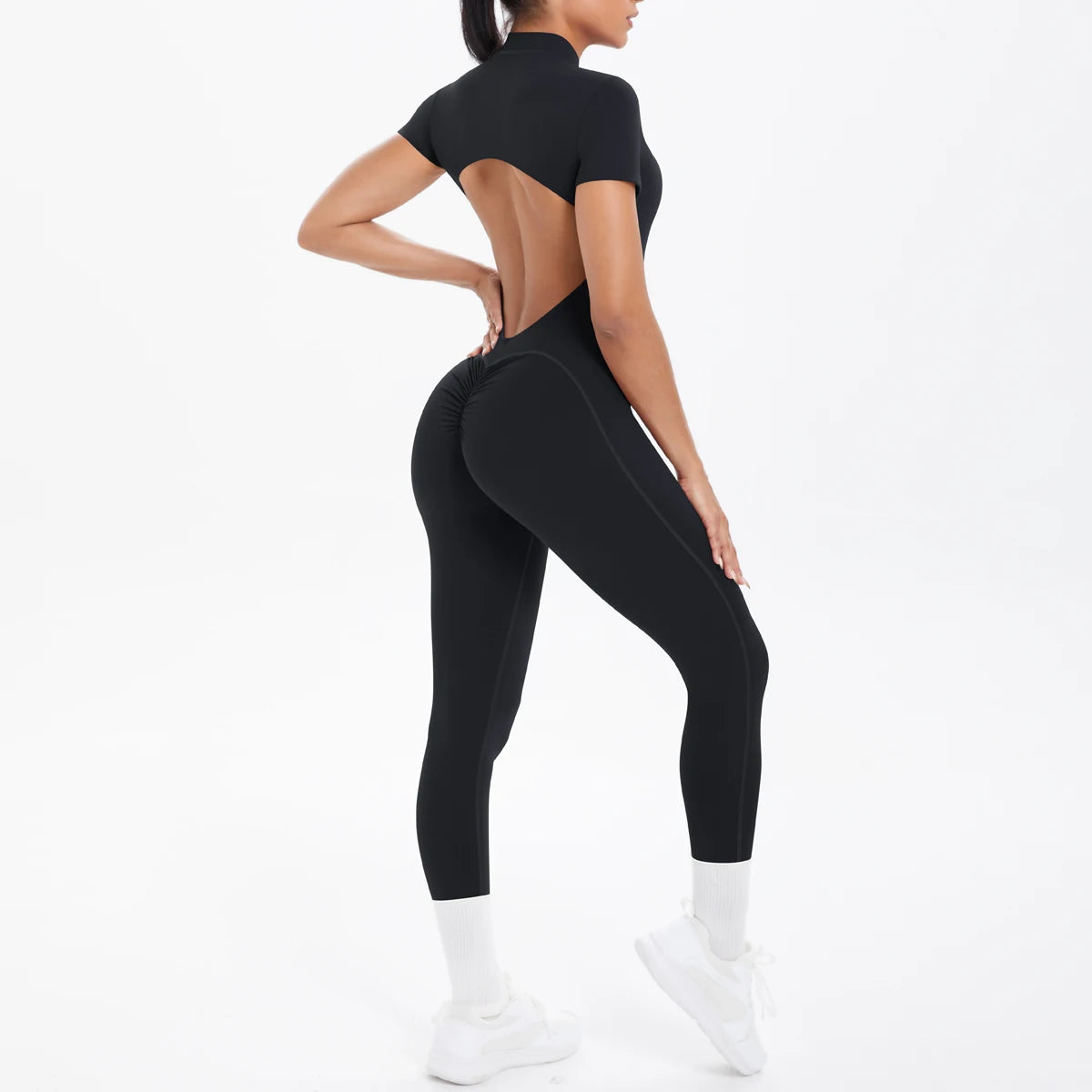 Vexaroa Backless Scrunch Bodysuit Half Zipper Gym Yoga Jumpsuit