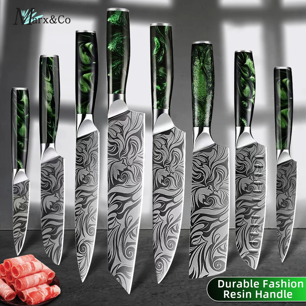 Kitchen Knife Set Stainless Steel Ultra Sharp Paring Boning Santoku Cleaver Bread Chef Knife with Green Resin Handle