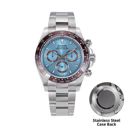 Silver watch with blue face and red accents on a white background