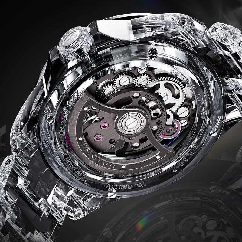 Close-up of a transparent watch with visible mechanical components on a dark background