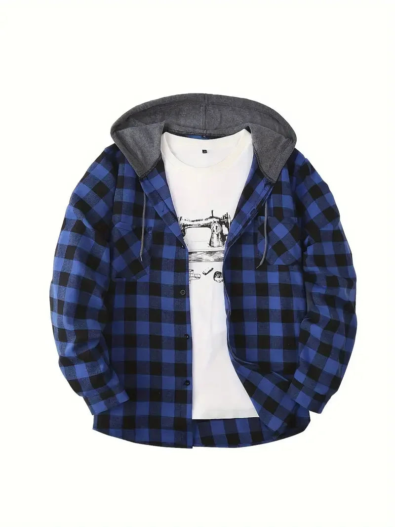 Vexaroa Men's Plaid Flannel Hooded Shirt – Casual Streetwear Top