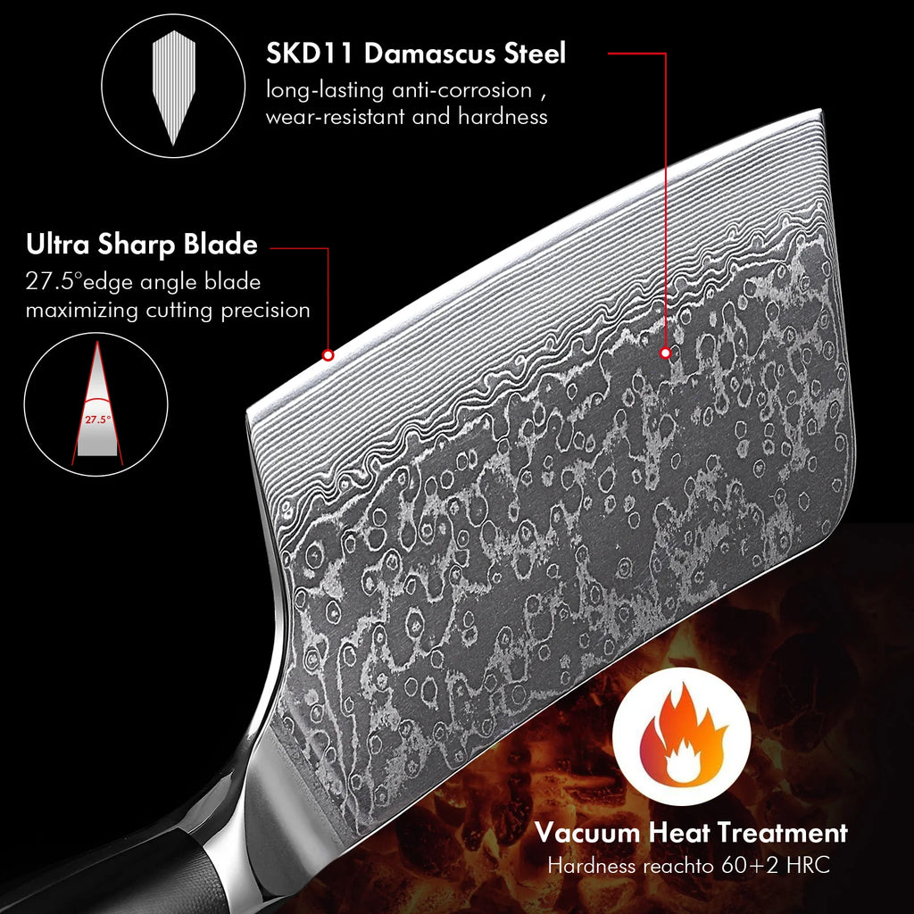 TURWHO 7" Bone Chopper Knife 67 Layers Japanese SKD11 Damascus Steel Sharp Kitchen Cleaver Boning Cutting Meat Knife G10 Handle