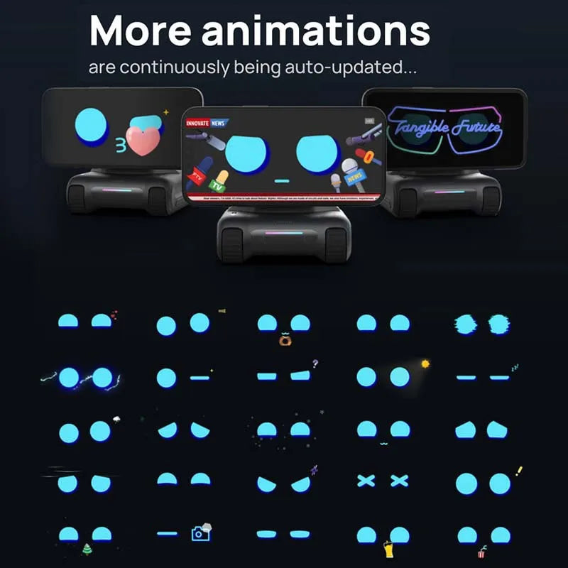 Digital display with animated characters and text on a dark background