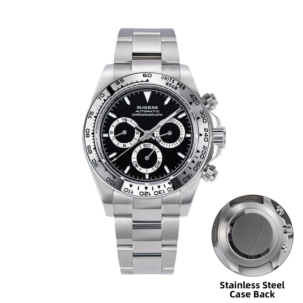 Silver watch with black face and stainless steel case back on a white background