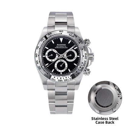 Silver watch with black face and stainless steel case back on a white background