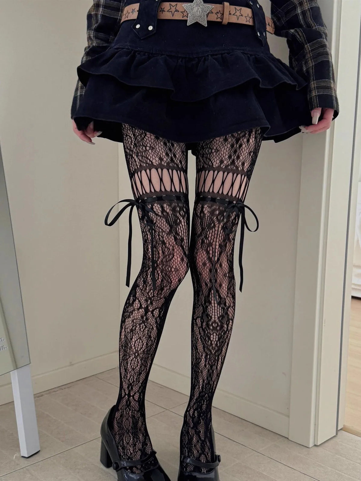 Tie Fishnet Suspender Socks for Women Sexy Slim Nylon Mesh Thigh High Stockings White Tights Pantyhose