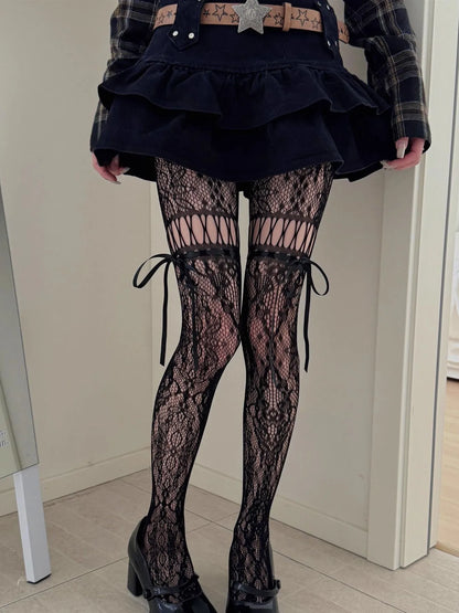 Tie Fishnet Suspender Socks for Women Sexy Slim Nylon Mesh Thigh High Stockings White Tights Pantyhose