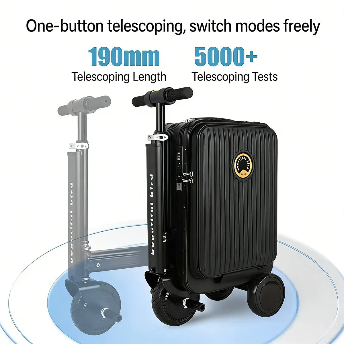 Black suitcase with scooter attachment on a white background, featuring text about telescoping length and tests.