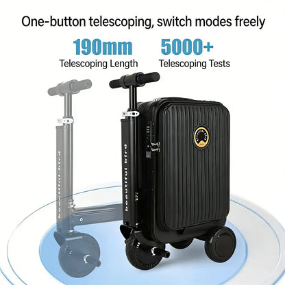 Black suitcase with scooter attachment on a white background, featuring text about telescoping length and tests.